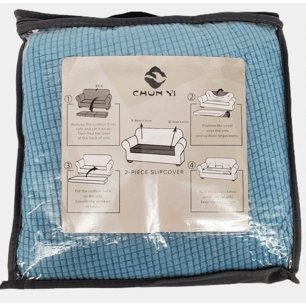 Subrtex Chun Yi Chair‎ Sofa Slipcover 3 Piece Stretch Smoky Blue Checkered Small